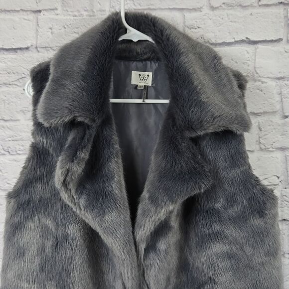 Six Crisp Days XS/S Gray Faux Fur Vest Anthropologie Shaggy Teddy Jacket Retro - Picture 2 of 9